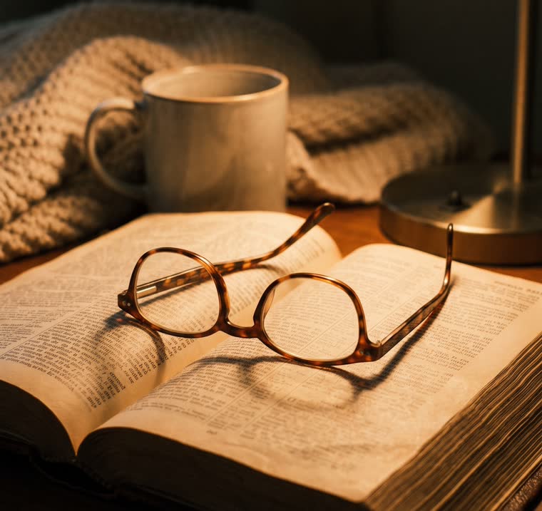Biblia abierta con lentes bajo la luz de una lampara