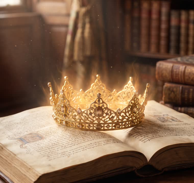Corona dorada sobre un libro antiguo abierto