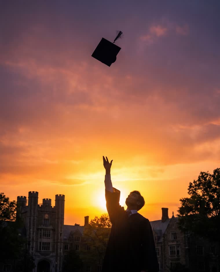 Graduado lanzando el birrete al atardecer