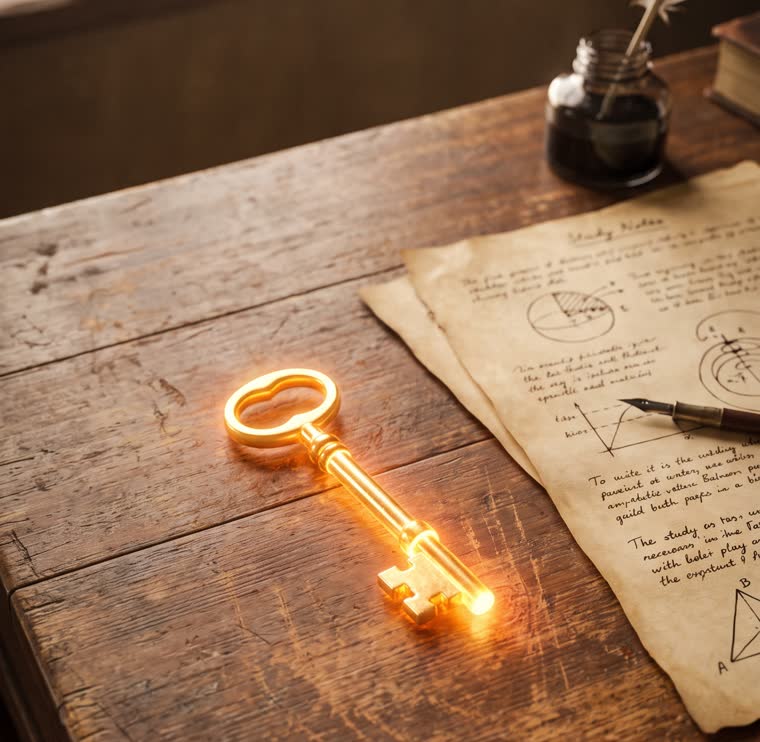 Llave dorada encendida sobre un escritorio con manuscritos